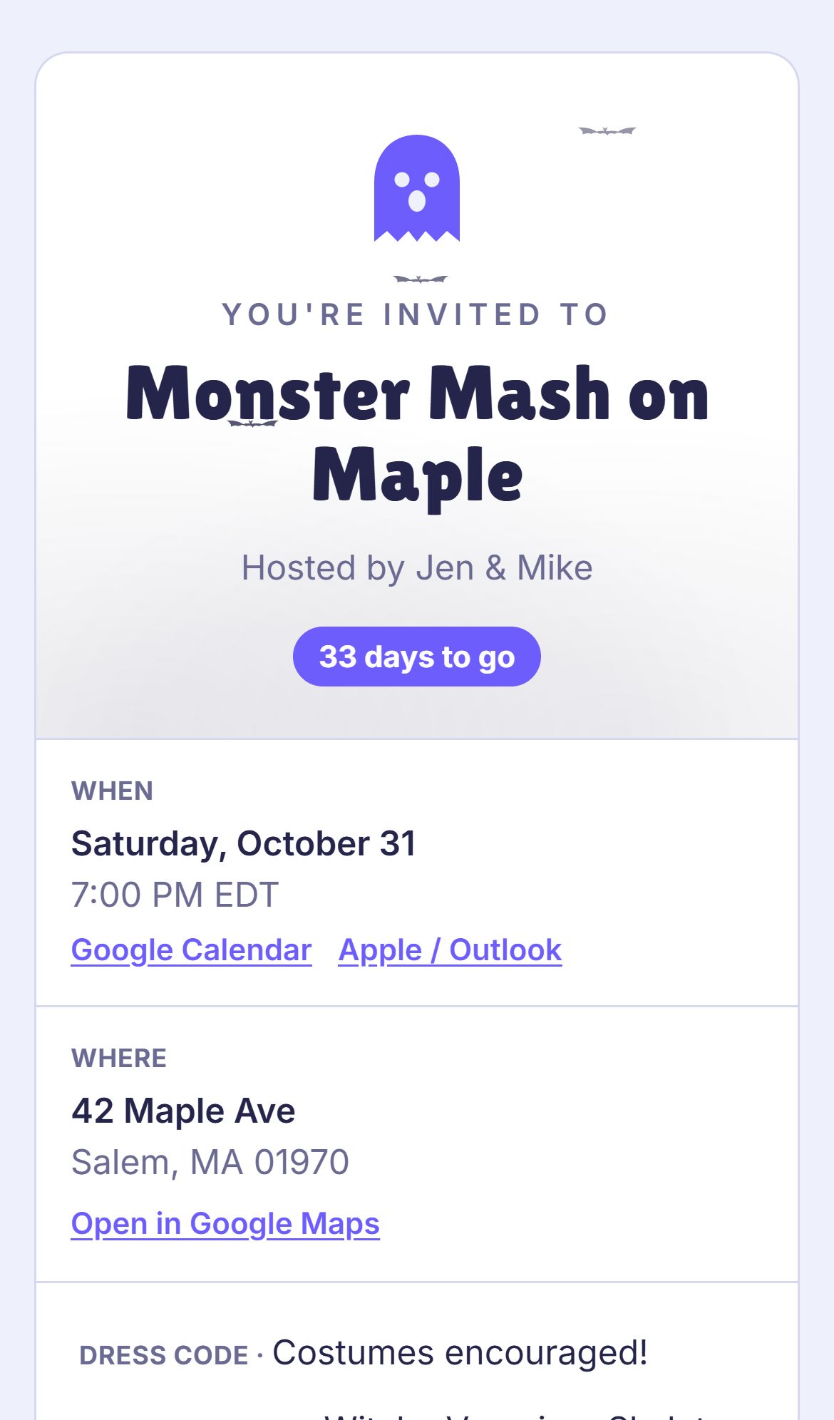 A guest's view of the party invitation on a phone