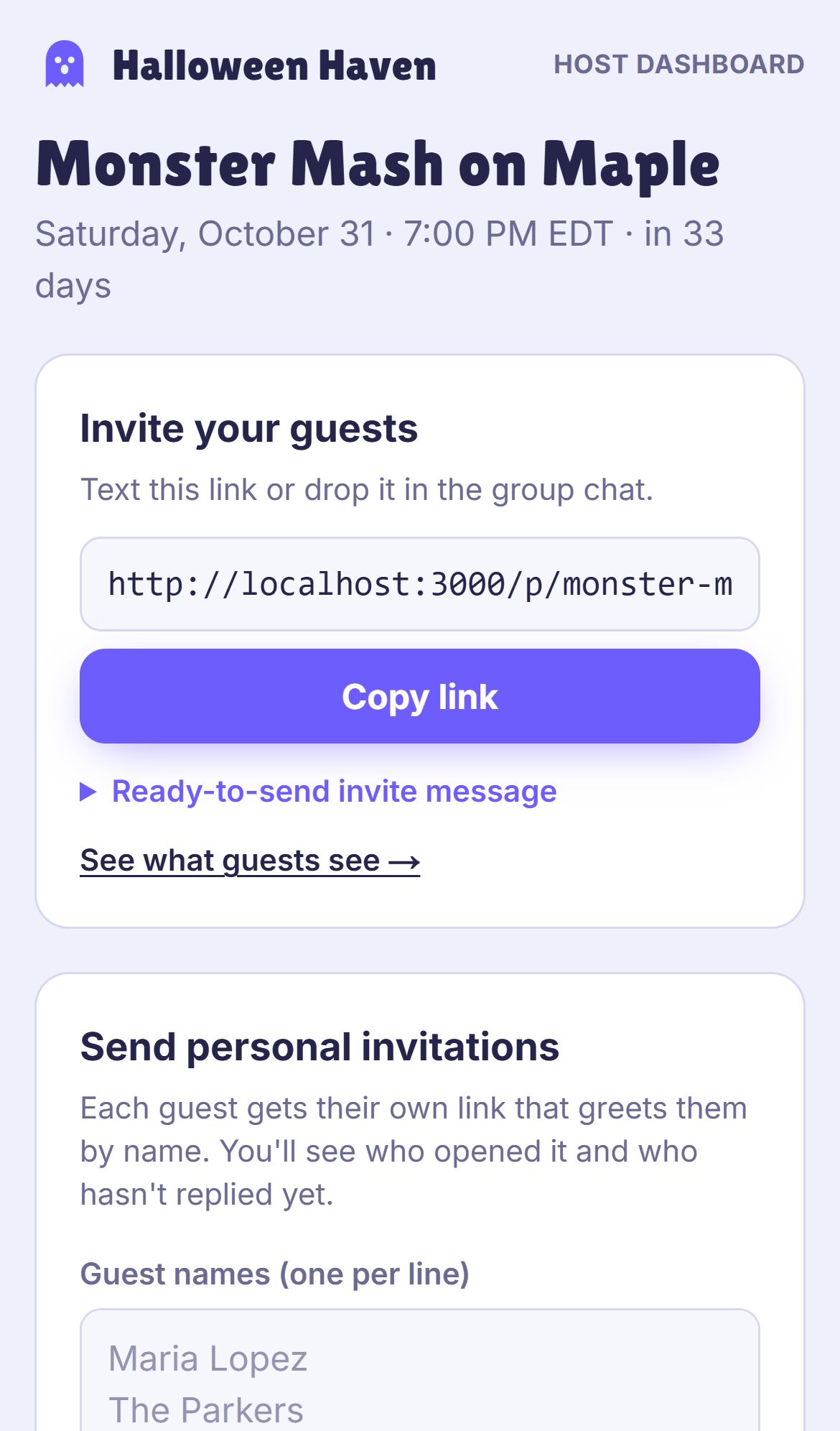 The host dashboard with RSVPs